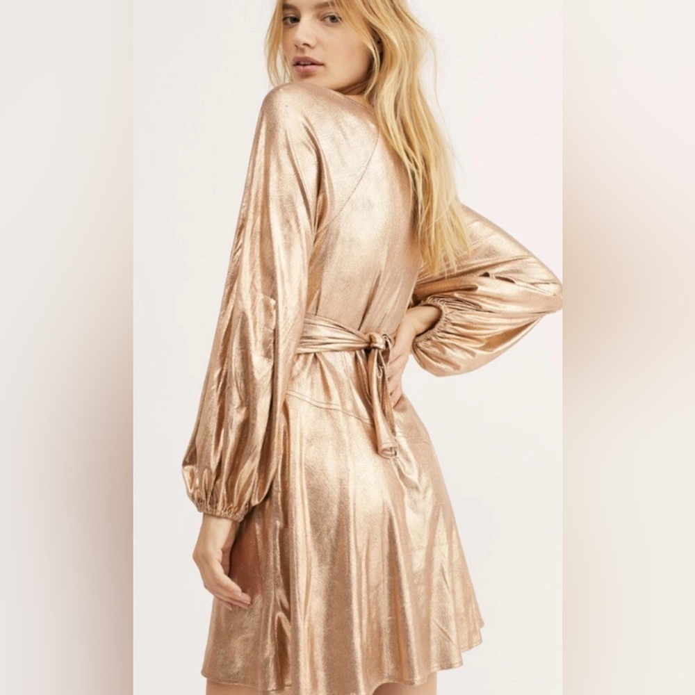 FREE PEOPLE | Good As Gold Foil Metallic Holiday Tie Wrapped Plunge Mini Dress 4 - Picture 6 of 7
